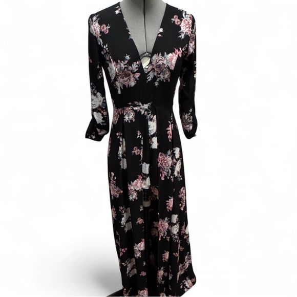 Black Floral Romper Dress Open Front - Picture 1 of 12